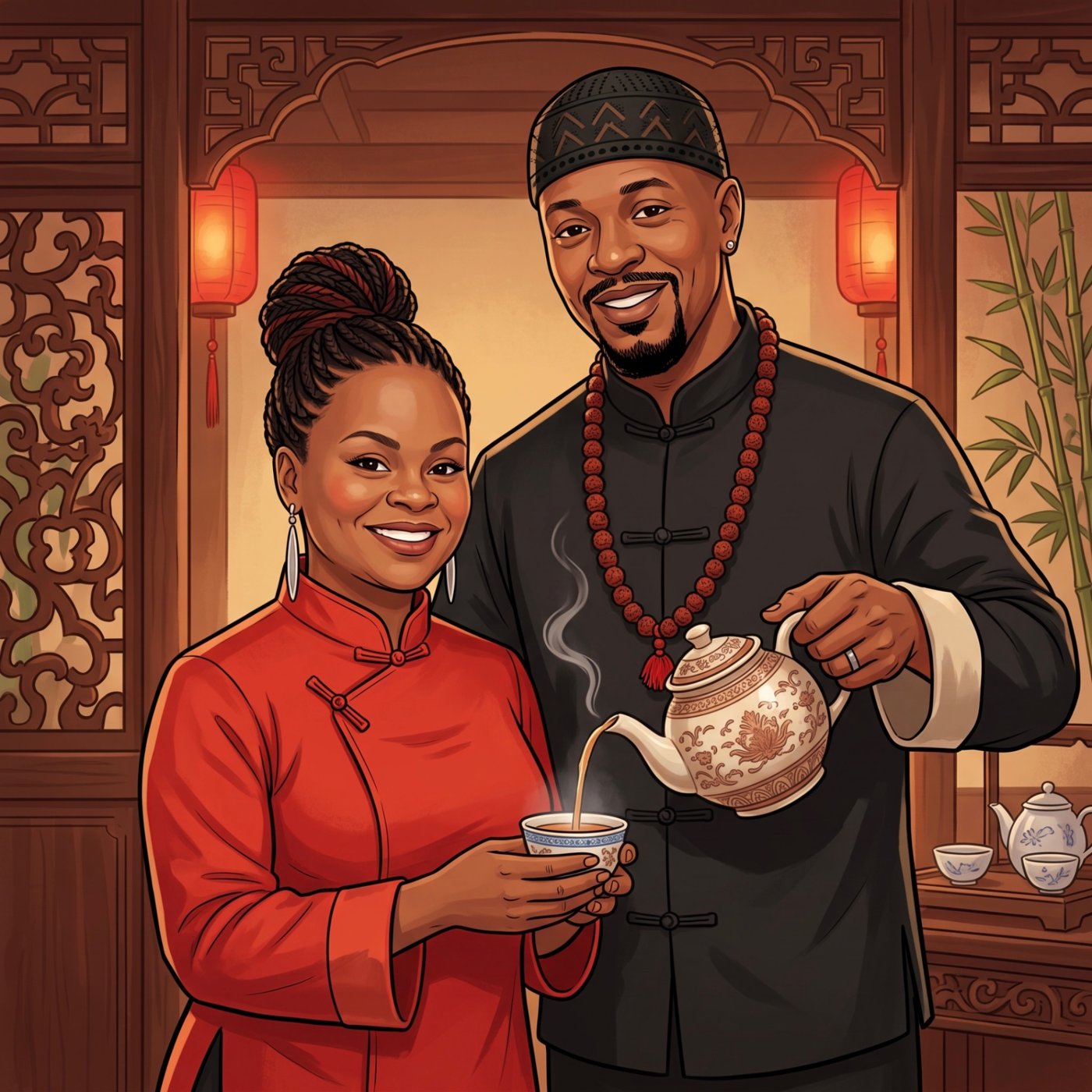 Illustration of Ahava and Timothy pouring tea