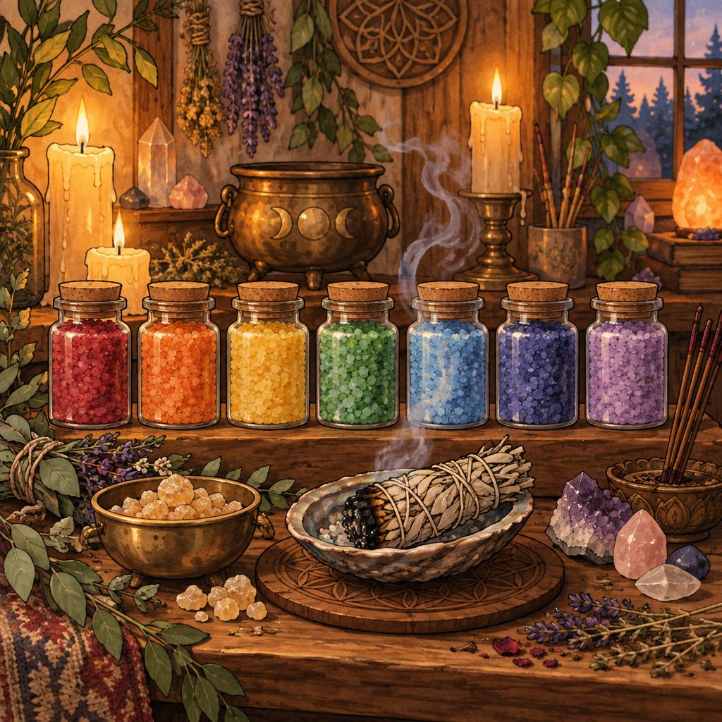 Illustration of a spiritual apothecary altar with candles, sage smoke and seven chakra bath jars